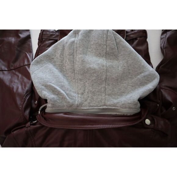 Jou Jou 103-1192ME Juniors Sz S Walnut Brown Faux-Leather Hooded Moto Jacket - Picture 6 of 9